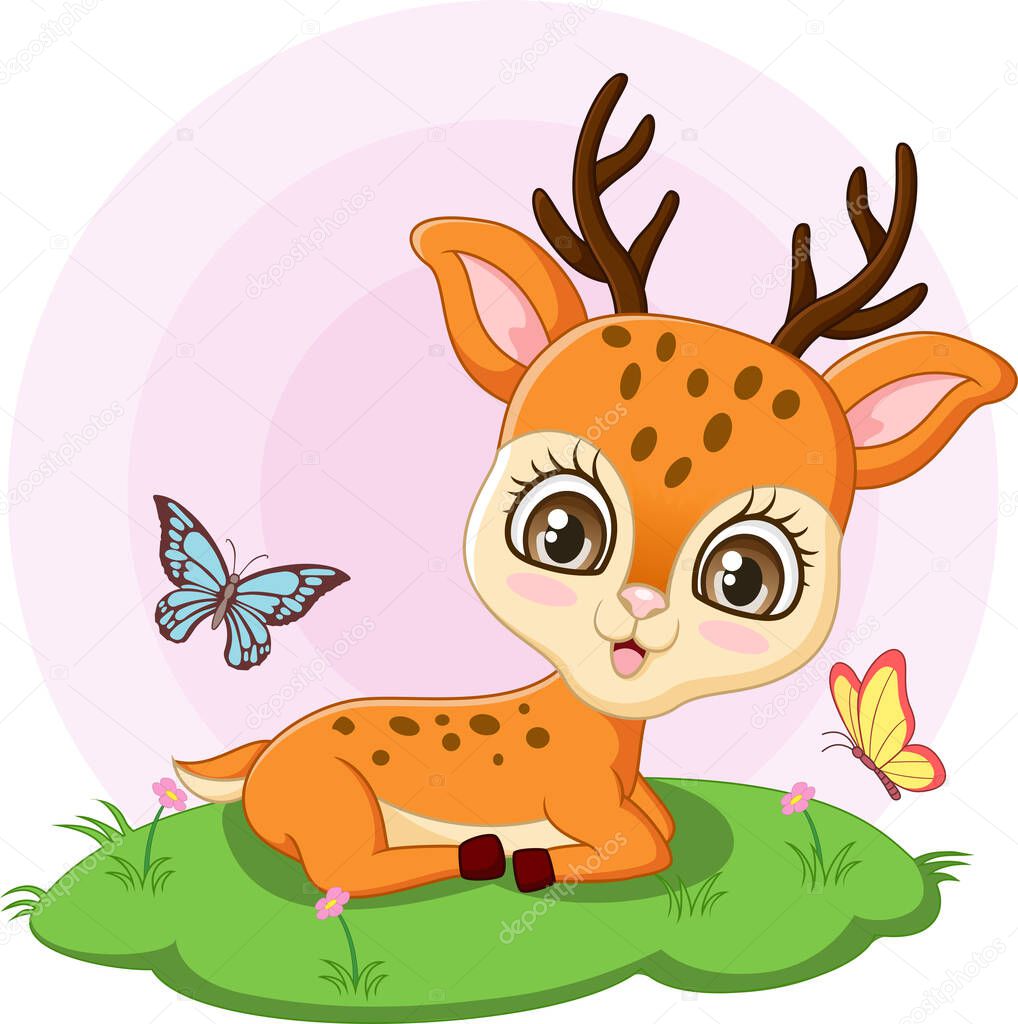 Vector illustration of Cute little deer sitting in the grass