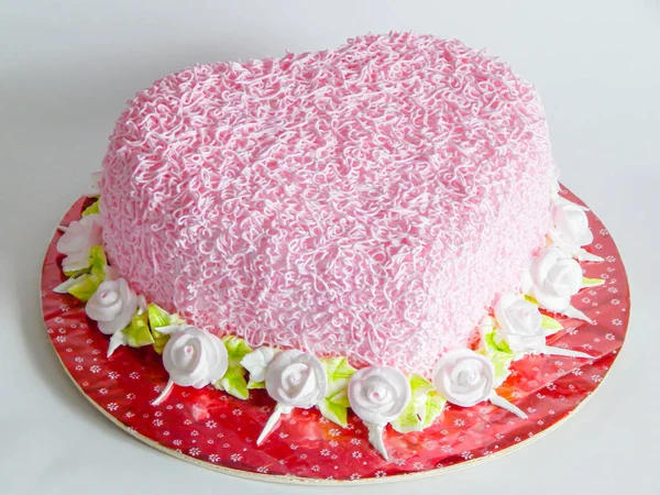 Sponge Cake Decorated Heart Cream — Stock Photo, Image