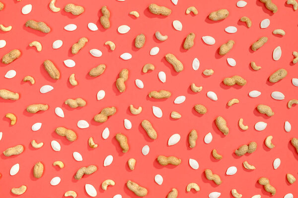 Peanut, pumpkin seeds and cashews flat lay