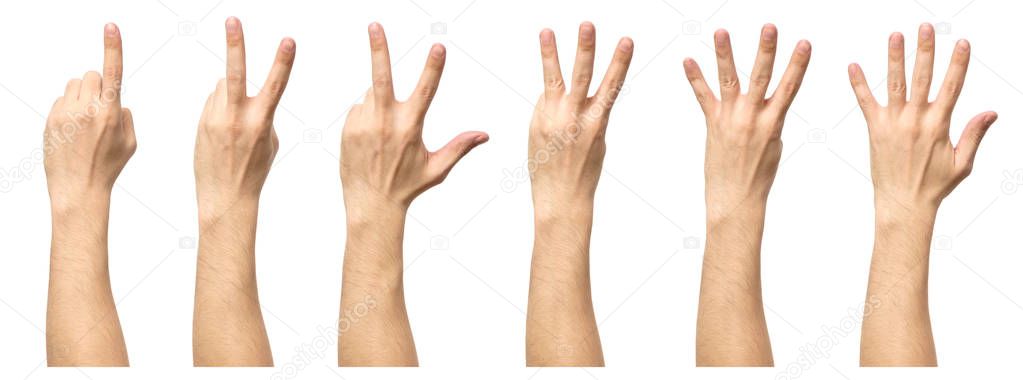 Male hands counting from one to five isolated