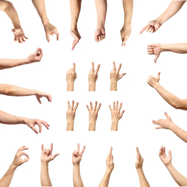 Múltiplos gestos de mãos caucasianas masculinas isoladas sobre o ba branco — Fotografia de Stock