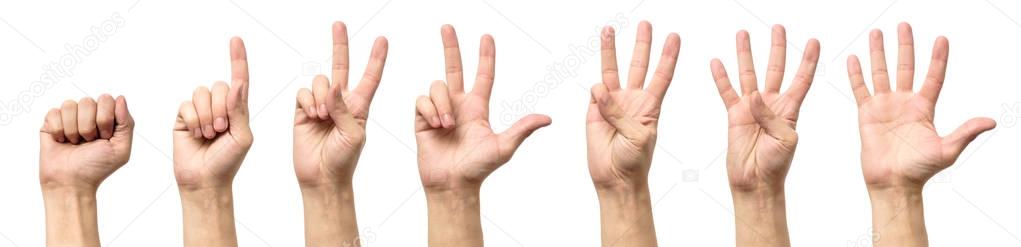 Male hands counting from zero to five isolated