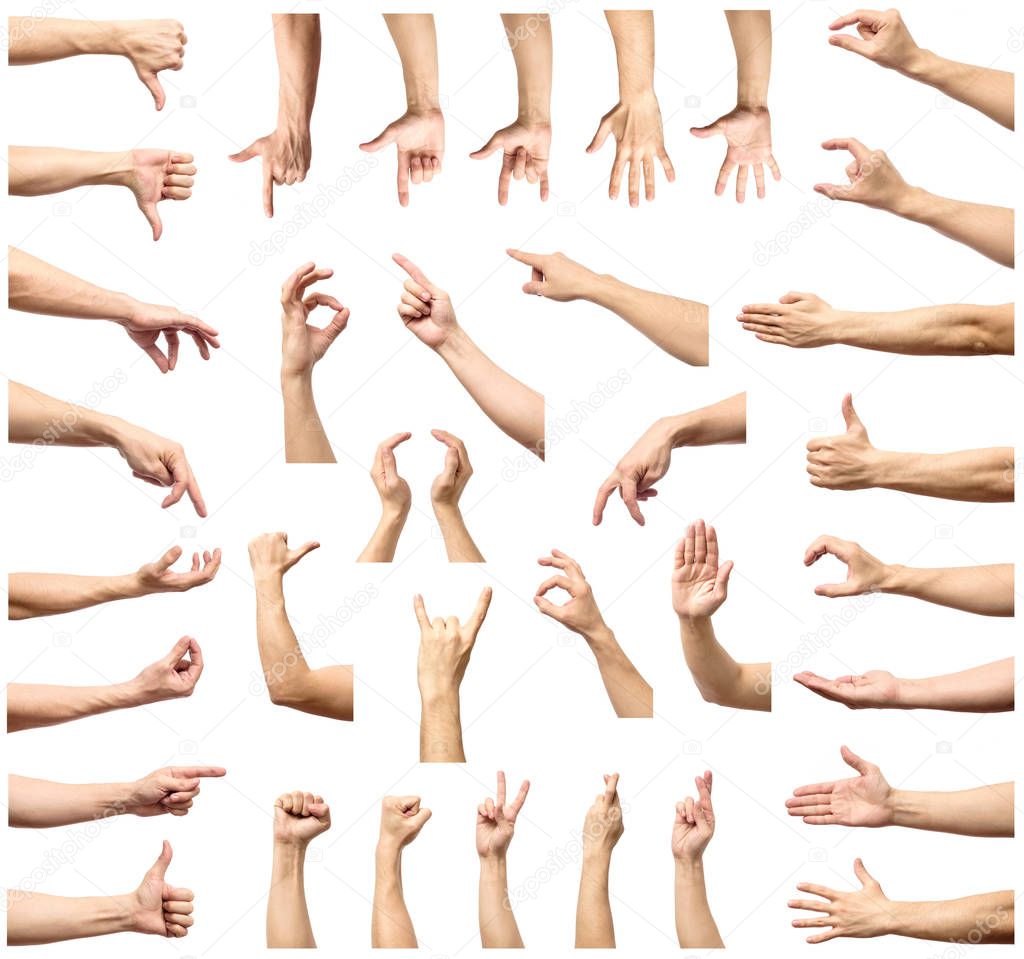 Male hand gesture and sign collection isolated over white backgr