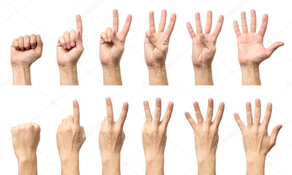 Male hands counting from zero to five isolated