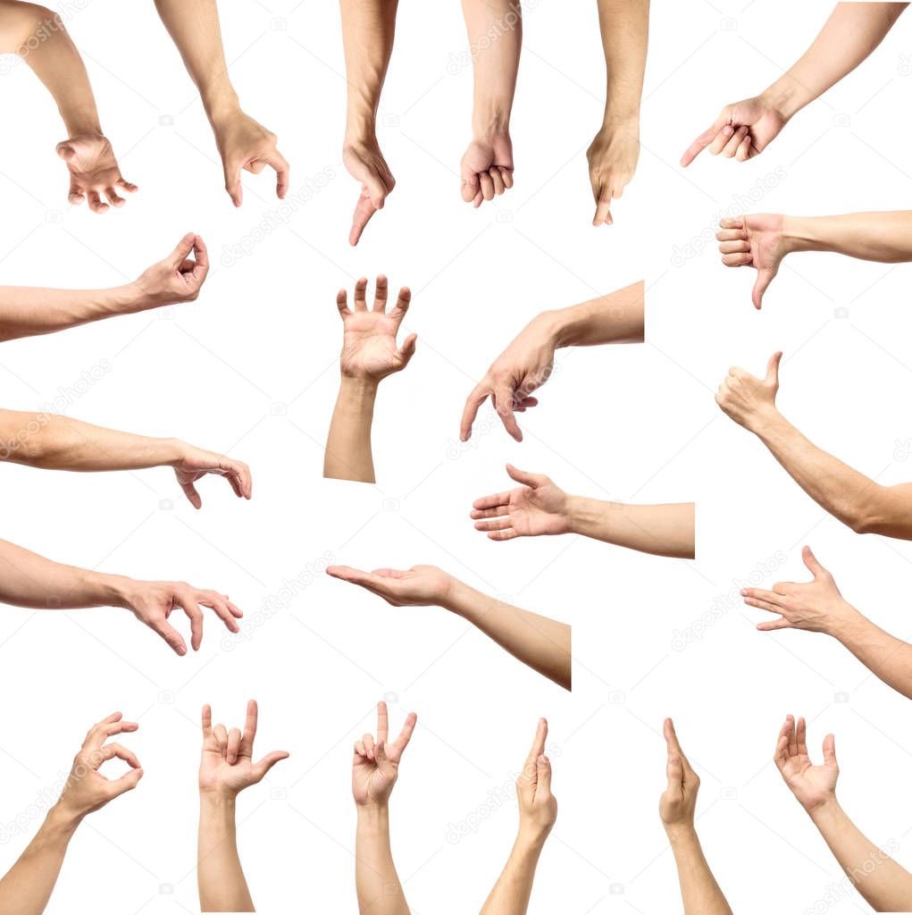 Male hand gesture and sign collection isolated over white backgr