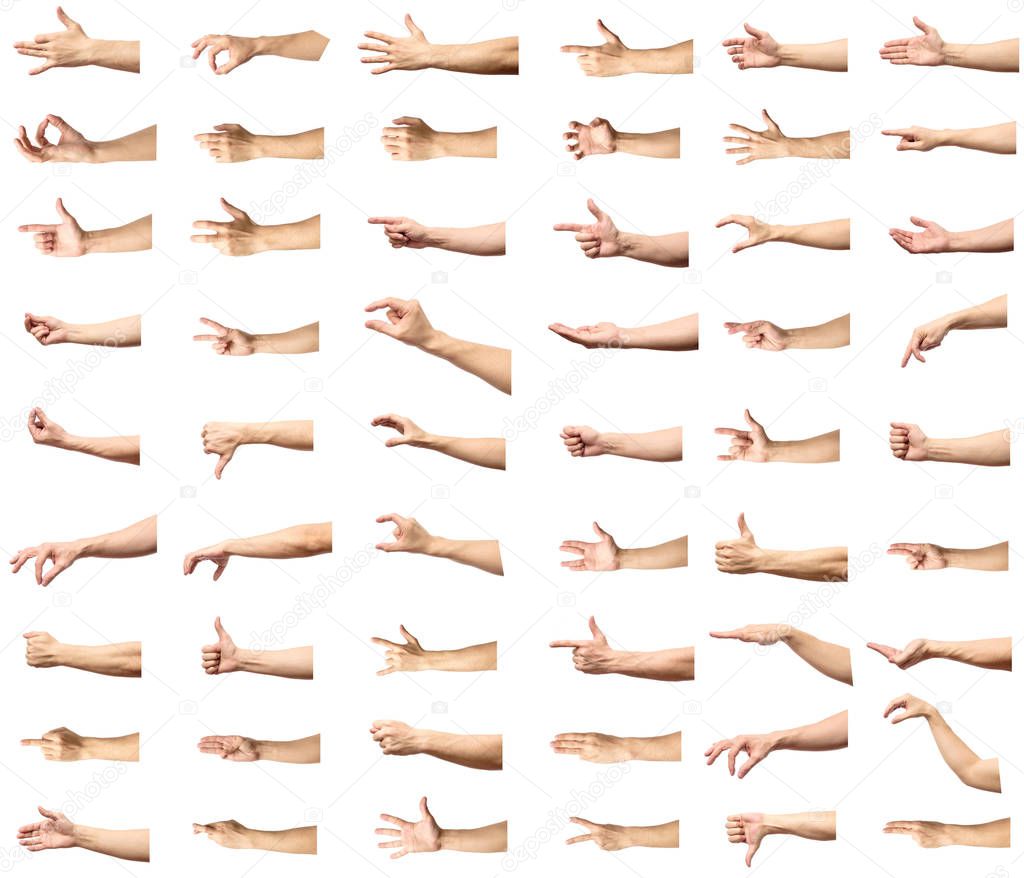 Multiple male caucasian hand gestures isolated over the white ba