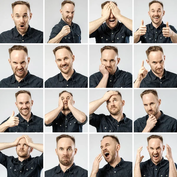 Fiatal férfi portrék a különböző érzelmek összessége — Stock Fotó