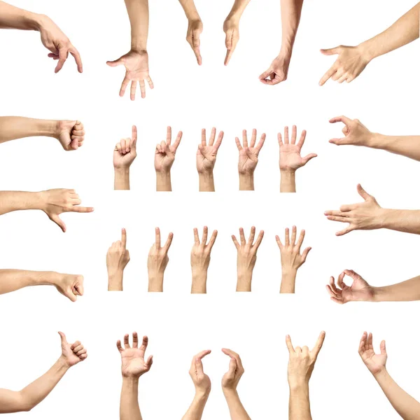 Male hand gesture and sign collection isolated over white backgr — Stock Photo, Image