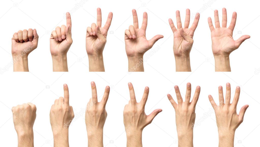 Male hands counting from zero to five isolated