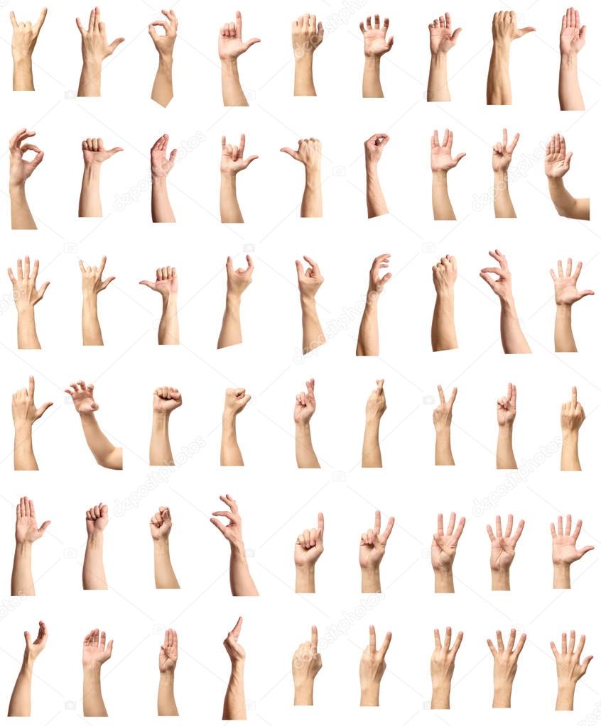 Male hand gesture and sign collection isolated over white backgr
