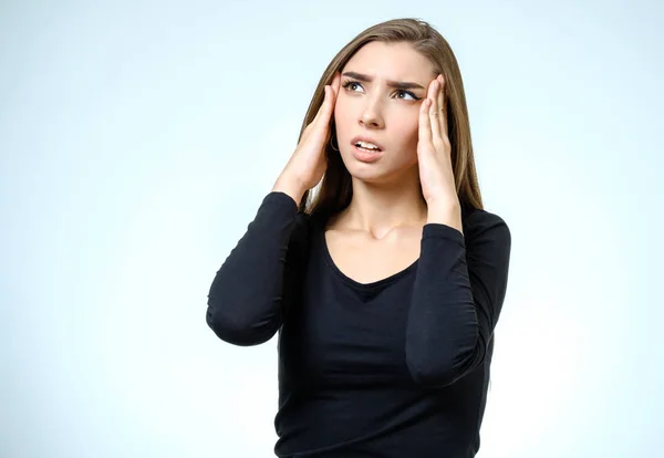 Portrait of depressed woman touching her head — Stock Photo, Image