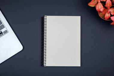 Modern ofis resepsiyon masası ile bilgisayar, boş defter sayfası ve 