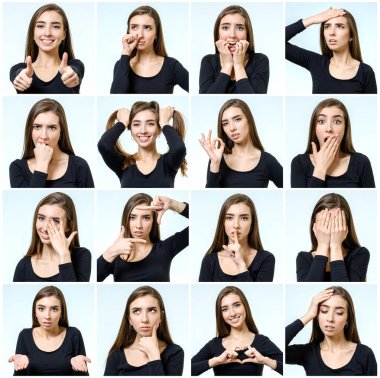 Güzel kızın farklı yüz ifadeleri ile kolaj