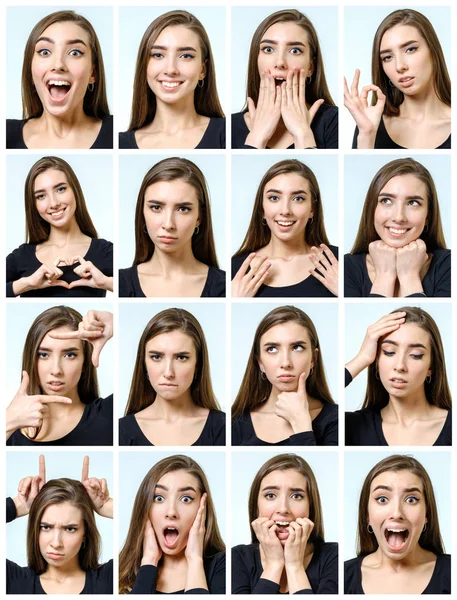 Collage di bella ragazza con diverse espressioni facciali — Foto Stock