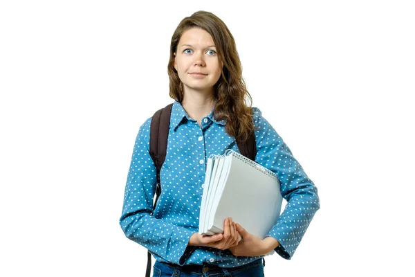 Porträtt av ung student flicka med böcker och ryggsäck — Stockfoto