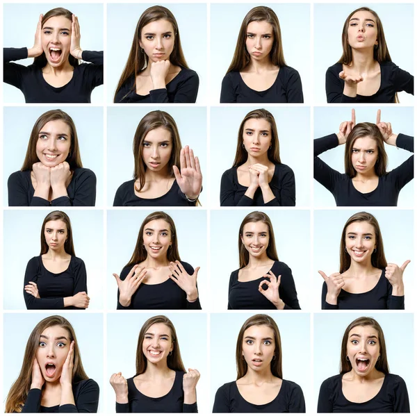 Güzel kızın farklı yüz ifadeleri ile kolaj