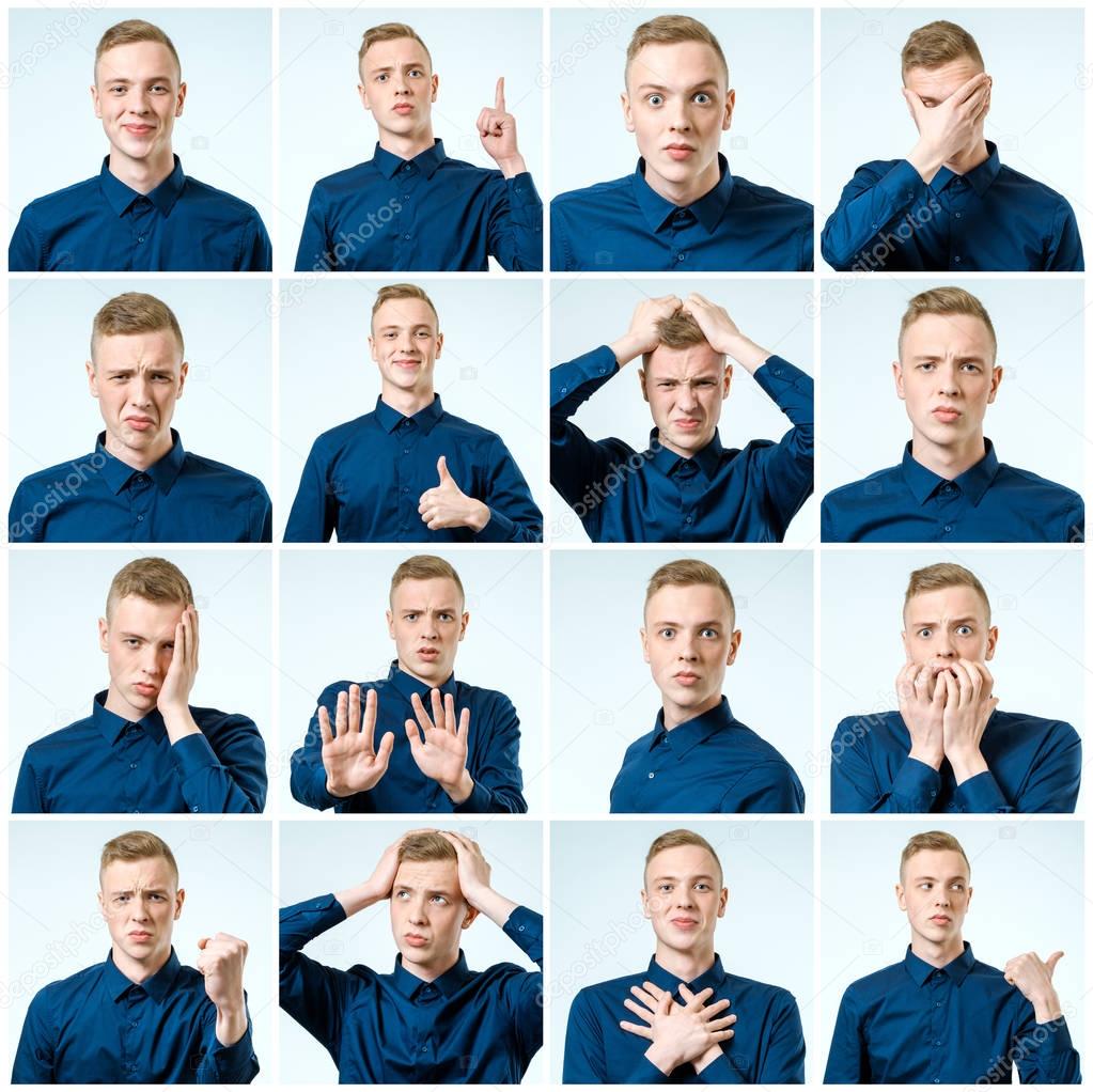 Set of young man's portraits with different emotions and gesture