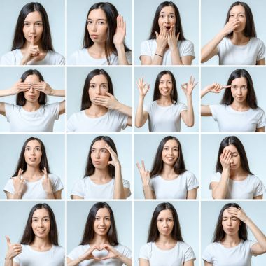 Güzel kızın farklı yüz ifadeleri ile kolaj