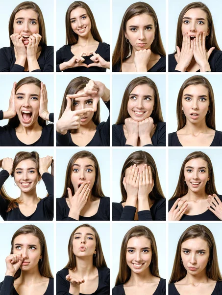 Güzel kızın farklı yüz ifadeleri ile kolaj