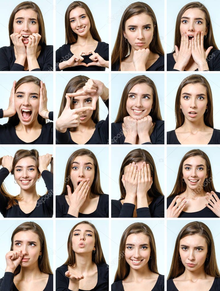 Collage of beautiful girl with different facial expressions