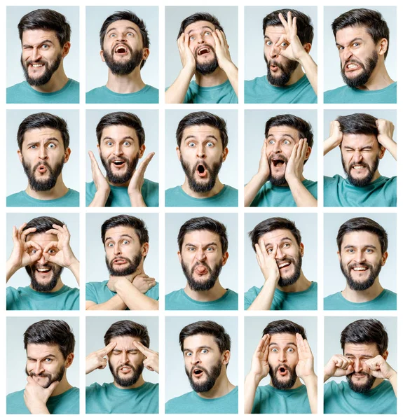 Aantal jonge man portretten met verschillende emoties — Stockfoto