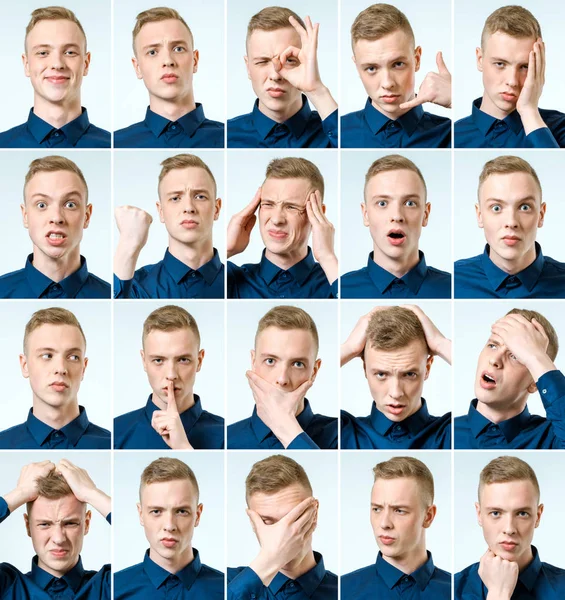 Porträts junger Männer mit unterschiedlichen Gefühlen und Gesten — Stockfoto
