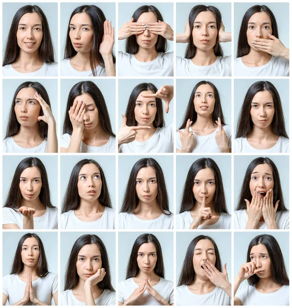 Collage de hermosa chica con diferentes expresiones faciales — Foto de Stock