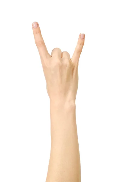 Női kéz gesztus Rock mutatja — Stock Fotó