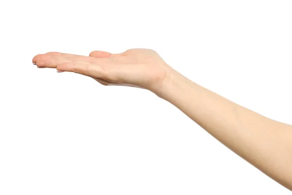 Die ausgestreckte Hand der Frau mit offener Handfläche — Stockfoto