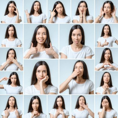 Güzel kızın farklı yüz ifadeleri ile kolaj