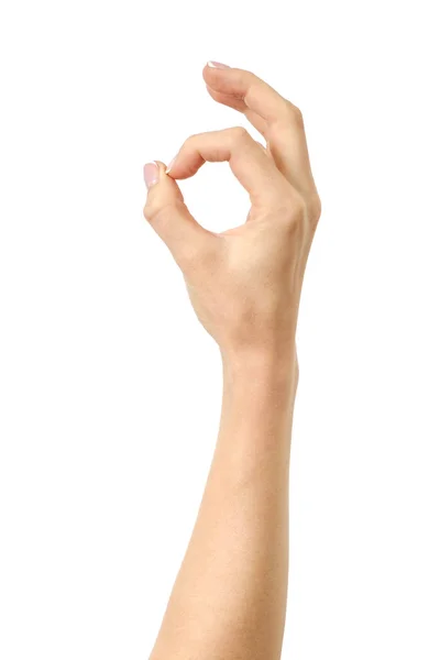 Fechar a mão da mulher mostrando sinal OK — Fotografia de Stock