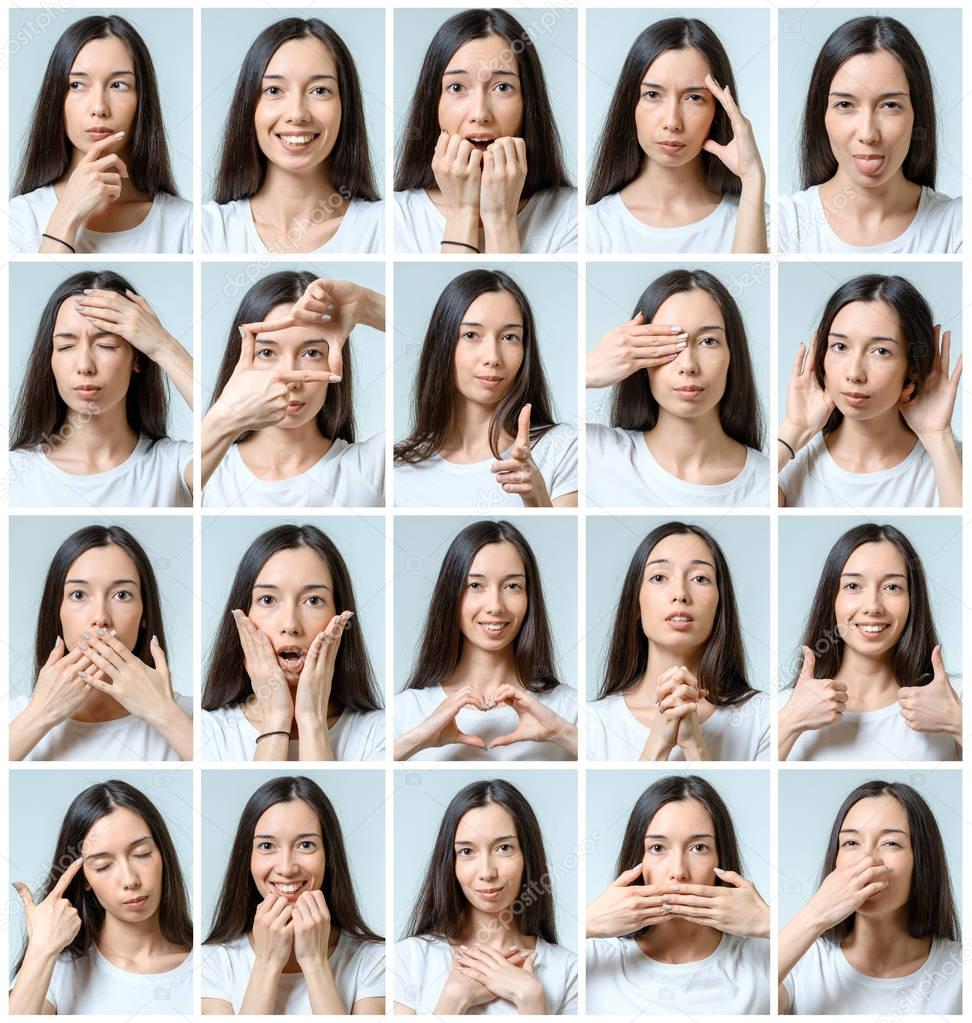 Collage of beautiful girl with different facial expressions