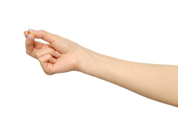 Mujer caucásica copyspace gesto de la mano de sostener algo — Foto de Stock