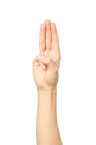 Linda mão da mulher mostrando três dedos — Fotografia de Stock