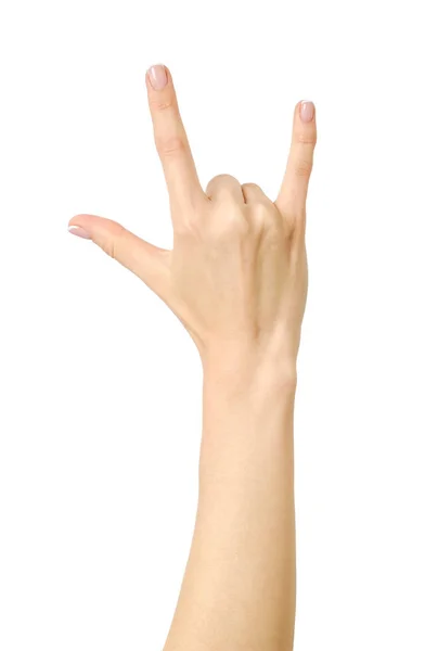 Mão de mulher mostrando gesto de Rock — Fotografia de Stock