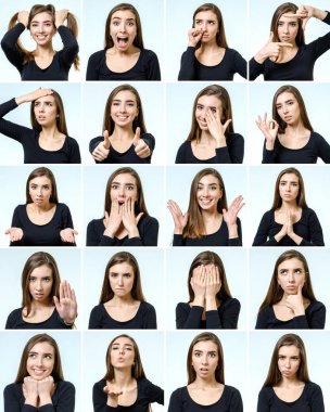 Güzel kızın farklı yüz ifadeleri ile kolaj