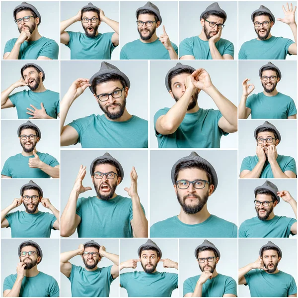 Fiatal férfi portrék a különböző érzelmek összessége — Stock Fotó