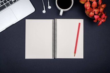 Dizüstü bilgisayar ve boş not defteri en az çalışma alanı