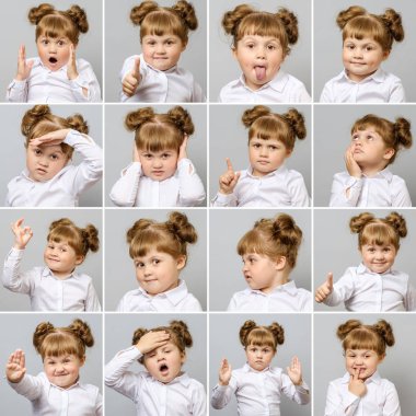 Küçük şirin kız farklı duygular ve jestleri ile kolaj
