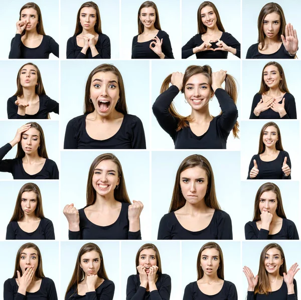 Collage of beautiful girl with different facial expressions Stock Picture