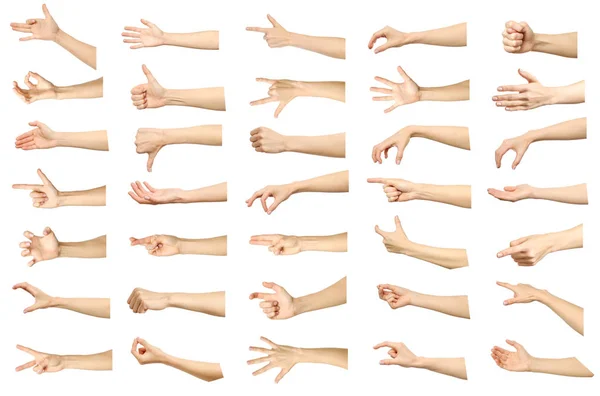 Serie di immagini multiple di gesti delle mani caucasiche femminili isolate — Foto Stock