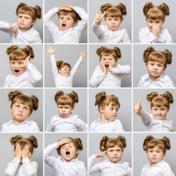 Küçük şirin kız farklı duygular ve jestleri ile kolaj