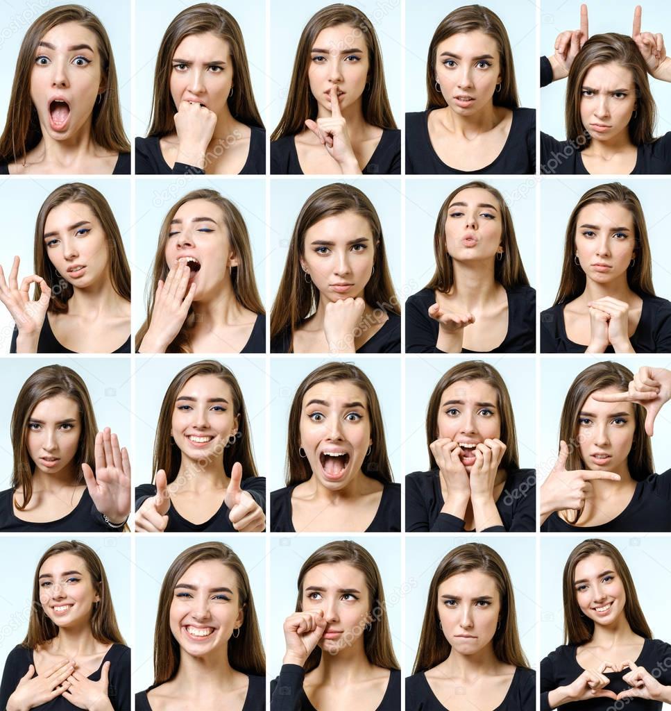 Collage of beautiful girl with different facial expressions