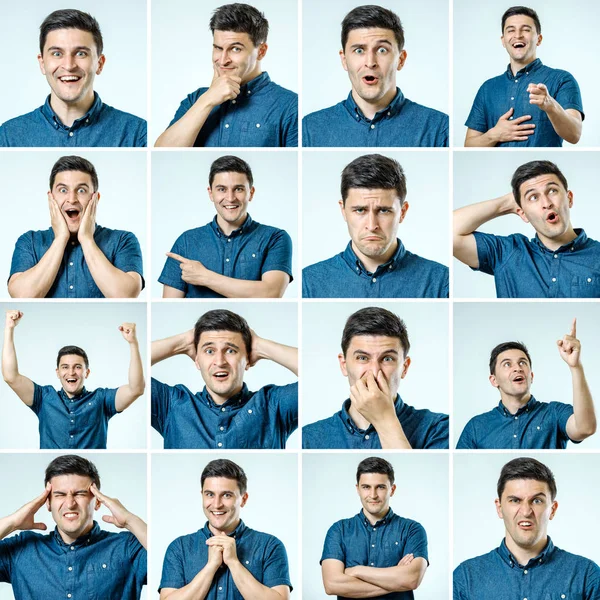 Serie di ritratti di giovani uomini con emozioni e gesti diversi — Foto Stock