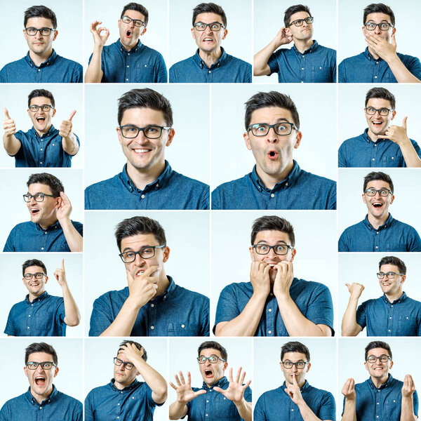 Set of young man's portraits with different emotions and gesture