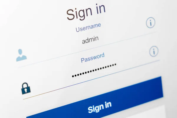 Filled login and hidden by dots password at login screen — Stock Photo, Image