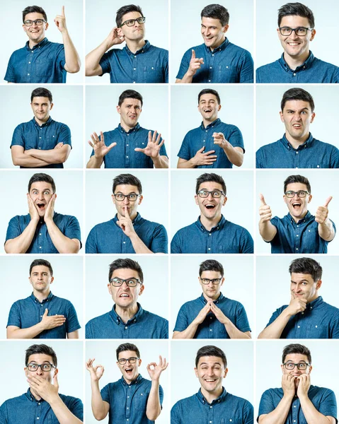 Conjunto de retratos de jovens com diferentes emoções e gestos — Fotografia de Stock