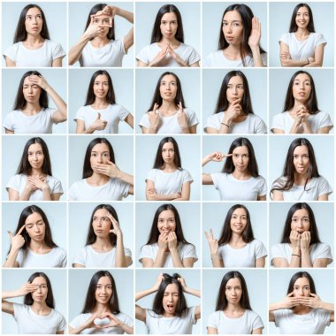 Güzel kızın farklı yüz ifadeleri ile kolaj