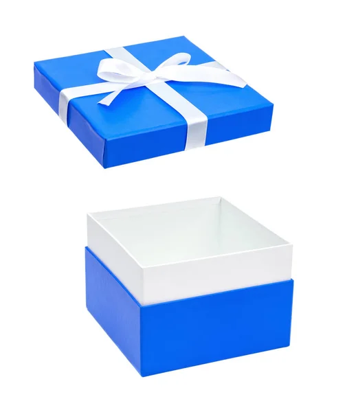 Синя відкрита подарункова коробка з білим бантом — стокове фото