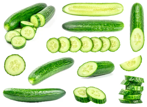 Collectie van verse groene komkommers geïsoleerd op wit — Stockfoto